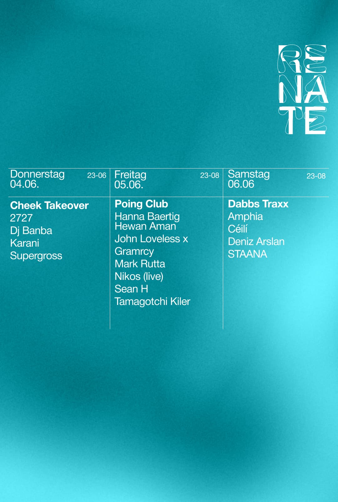 Renate Klubnacht & Open Air (Free Entry) with Dabbs Traxx
