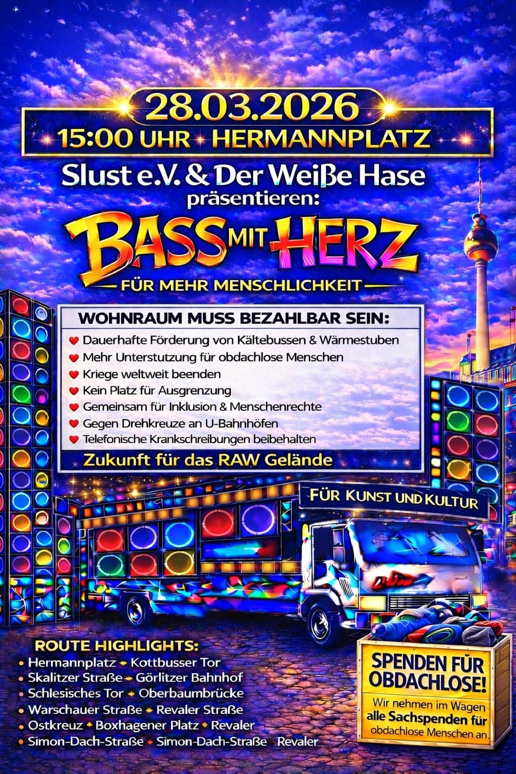 Demo Rave: Bass mit Herz. Für mehr Menschlichkeit & eine Zukunft für das RAW Gelände