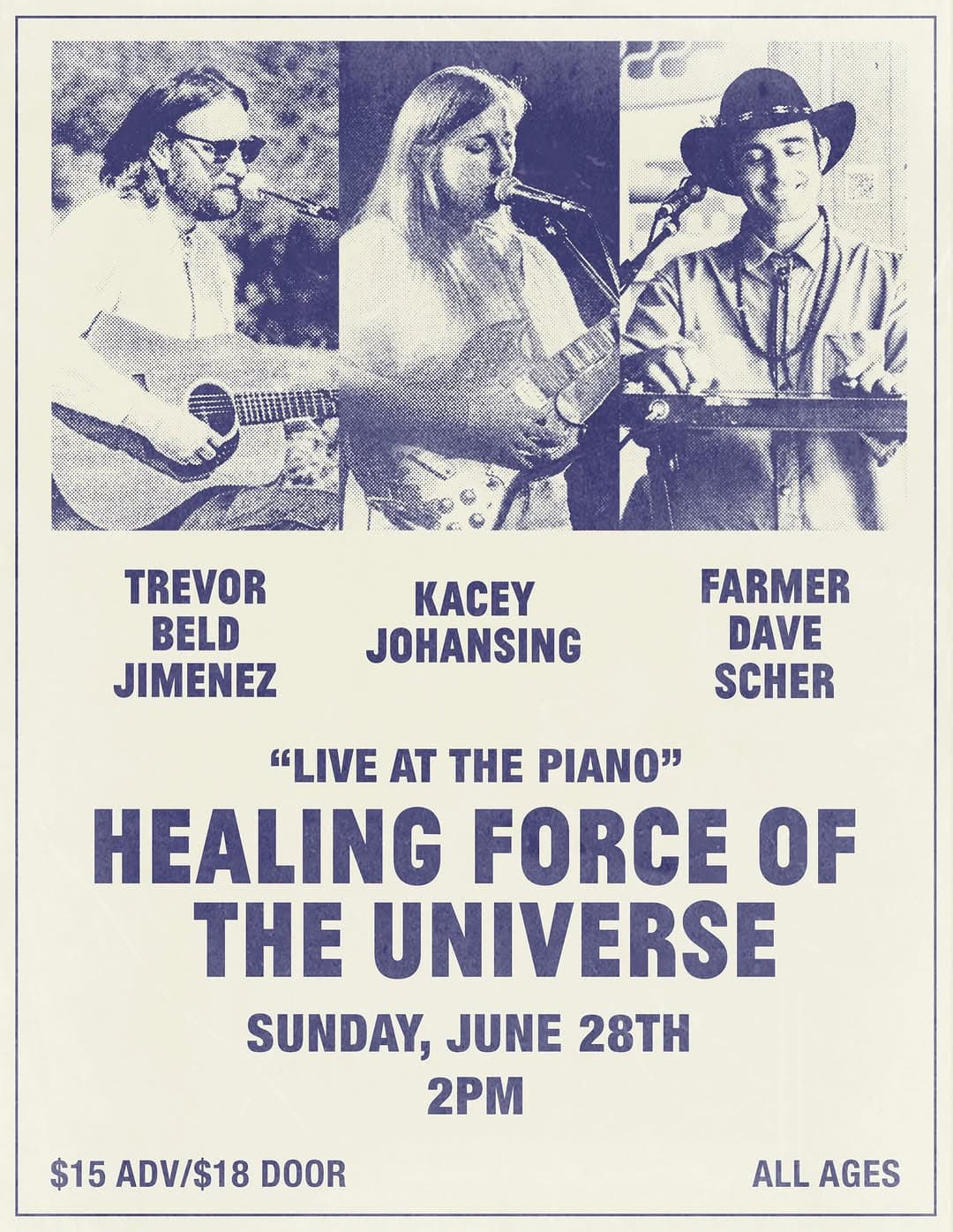 Trevor Beld Jimenez, Kacey Johansing, and Farmer Dave Scher at the piano